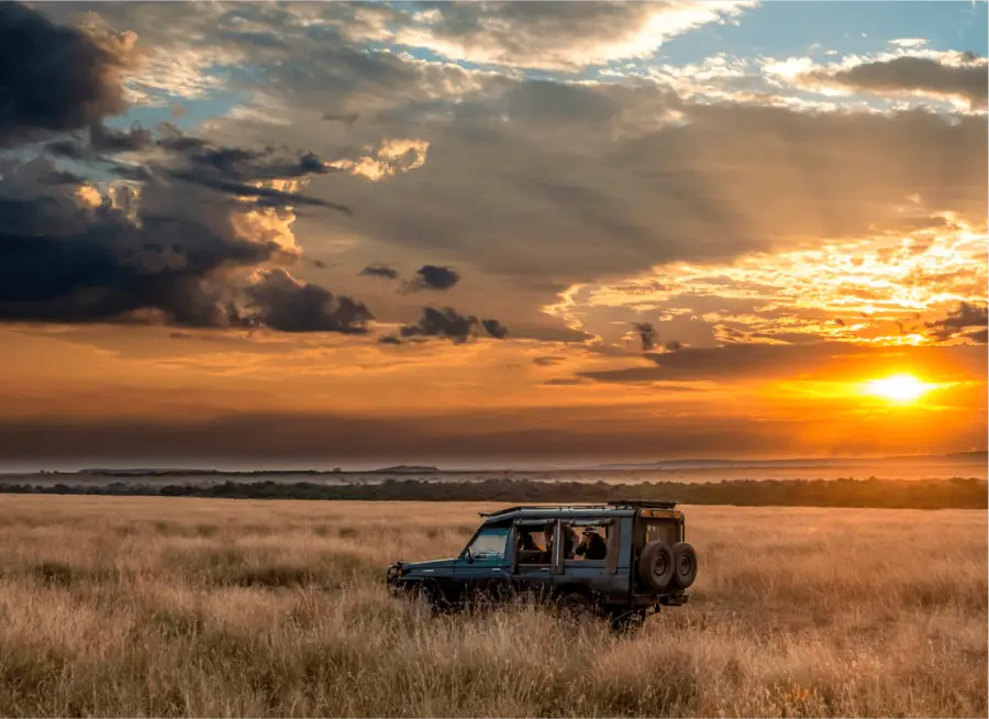 Safari-Fahrzeug im Sonnenuntergang